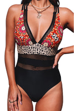 Load image into Gallery viewer, Floral Splicing Leopard Print Color Block Mesh One Piece Swimsuit | Swimwear/One Piece Swimsuit
