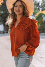 Load image into Gallery viewer, Orange Ruffled Pleated Buttoned V Neck Blouse | Tops/Blouses &amp; Shirts
