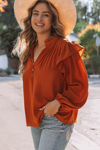 Orange Ruffled Pleated Buttoned V Neck Blouse | Tops/Blouses & Shirts