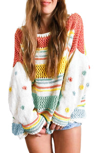 Multicolor Hollow Striped Knit Contrast Sleeve Sweater | Tops/Sweaters & Cardigans