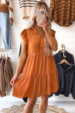 Load image into Gallery viewer, Russet Orange Ruffled Sleeve Notched V Neck Tiered Mini Dress | Dresses/Mini Dresses
