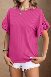 Womens Blouse- PINK Round Neck Flounce Sleeve Blouse