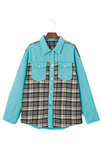 Sky Blue Plaid Patchwork Pockets Denim Jacket | Outerwear/Denim jackets