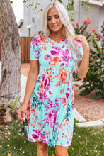 Load image into Gallery viewer, Sky Blue Short Sleeve High Waist Floral T-shirt Dress | Dresses/T Shirt Dresses
