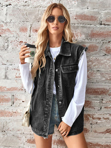 Denim Jacket | Raw Hem Sleeveless Button Up Jacket