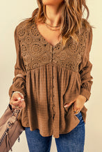 Load image into Gallery viewer, Brown Lace Crochet Buttoned V Neck Babydoll Top | Tops/Blouses &amp; Shirts
