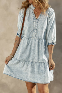 Dusk Blue Acid Wash Retro Half Sleeve Flared Denim Dress | Dresses/Mini Dresses