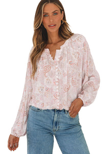 Bubble Sleeve Blouse | Pink Paisley Print Buttons