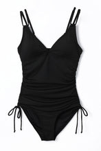 Load image into Gallery viewer, Black Adjustable Straps Ribbed Knit One Piece Swimsuit | Swimwear/One Piece Swimsuit
