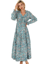 Load image into Gallery viewer, Sky Blue Bohemian Paisley Print Long Sleeve Tiered Maxi Dress | Dresses/Maxi Dresses
