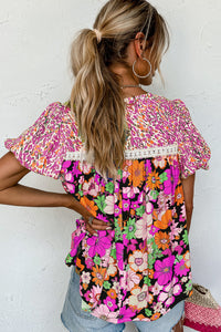 Floral Print Blouse | Rose Red Bubble Sleeve Lace Trim Print Top