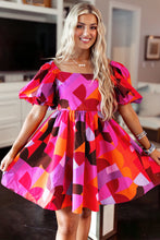 Load image into Gallery viewer, Red Abstract Print Square Neck Puff Sleeve Dress | Dresses/Mini Dresses
