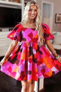 Red Abstract Print Square Neck Puff Sleeve Dress | Dresses/Mini Dresses