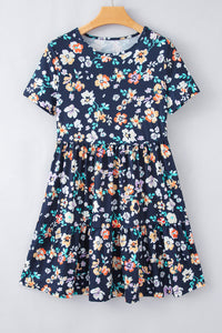 Blue Short Sleeve A-line Floral Dress | Dresses/Floral Dresses