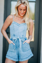 Load image into Gallery viewer, Beau Blue Spaghetti Straps Belted Denim Romper | Bottoms/Jumpsuits &amp; Rompers
