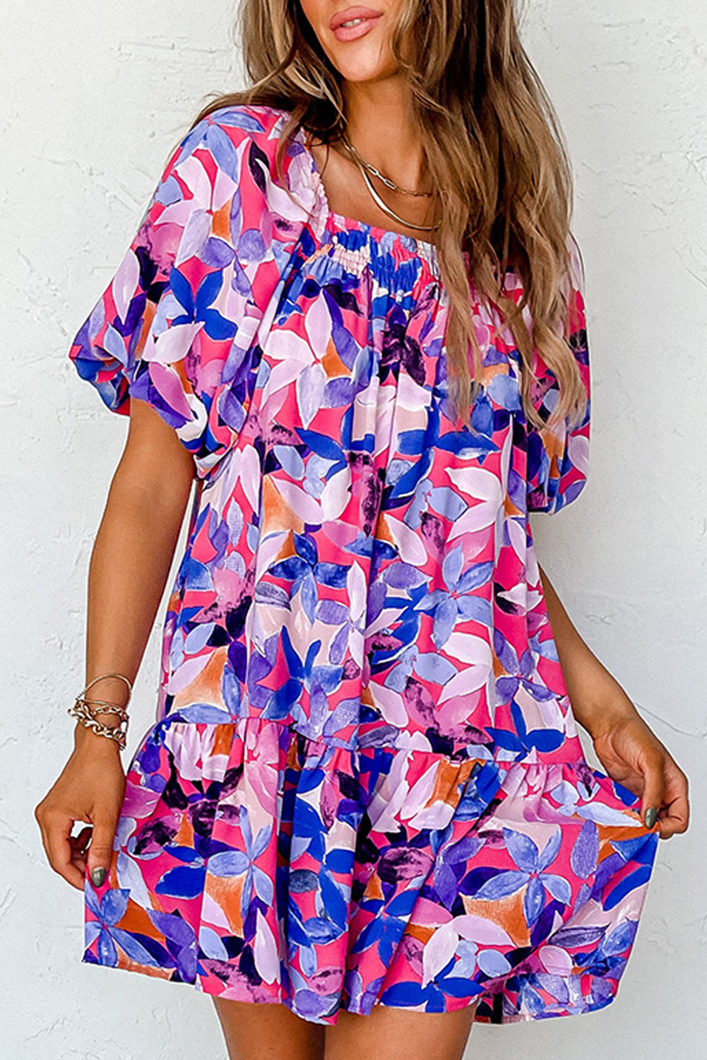 Purple Flower Print Short Puff Sleeve Ruffled Dress | Dresses/Floral Dresses