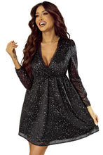 Load image into Gallery viewer, Black Mini Dress | Black Glitter V Neck Long Sleeve Dress
