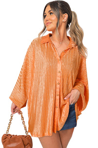 Wide Sleeve Blouse | Grapefruit Orange Crinkled Button Up Top