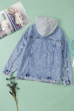 Load image into Gallery viewer, Sky Blue Rhinestone Fringed Hooded Denim Jacket
