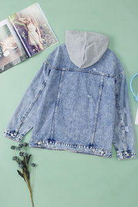 Sky Blue Rhinestone Fringed Hooded Denim Jacket