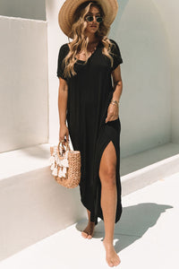 Black V Neck Hidden Pocket Splits Maxi T-shirt Dress | Dresses/T Shirt Dresses