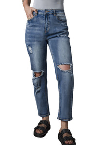 Sky Blue Open Knee Cutout Straight Leg Jeans | Bottoms/Jeans