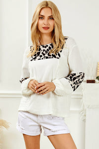 White Leopard Patch Puff Sleeve Textured Blouse | Tops/Blouses & Shirts