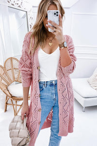 Pink Hollow-out Openwork Knit Cardigan