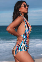 Load image into Gallery viewer, Multicolor Picasso Print Halter Neck Ruched One-Piece Swimsuit
