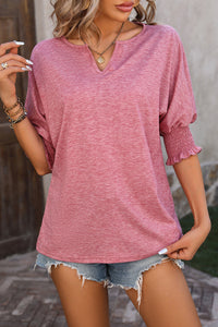 Puff Sleeve Top | Rose Tan Smocked Notched Neck T Shirt