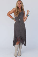 Load image into Gallery viewer, Gray Round Neck Sleeveless Fringe Hem Long Dress
