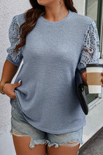 Load image into Gallery viewer, Lace Sleeve T Shirt | Blue Plus Size Textured Knit Top
