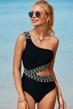 Load image into Gallery viewer, Black Zigzag Accent Cutout One Shoulder Teddy Swimwear | Swimwear/One Piece Swimsuit
