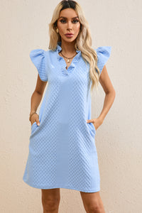 Mini Dress | Light Blue Textured Puff Sleeve V Neck Dress