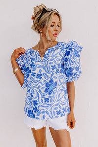 Dark Blue Floral Print Ruffled Bubble Sleeve Blouse