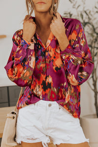 Purple Graffiti Printed V Neck Puff Sleeve Blouse | Tops/Blouses & Shirts