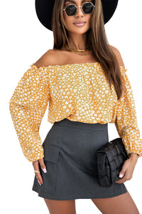 Lantern Sleeve Blouse | Yellow Floral Print Frill Trim Off-Shoulder