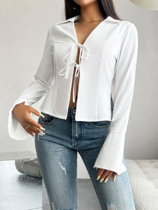 Tied Collared Neck Slit Blouse