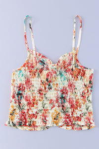 Tank Top | Apricot Floral Print Smocked Ruched