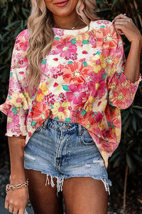 Pink Shirred Cuffs 3/4 Sleeve Floral Blouse | Tops/Blouses & Shirts