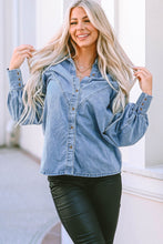 Load image into Gallery viewer, Sky Blue V-shape Stitching Puff Sleeve Denim Shirt | Tops/Blouses &amp; Shirts
