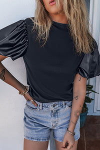 Puff Sleeve Top | Black Faux Leather Sleeve Mock Neck Top