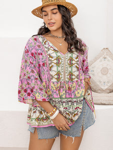 Tie Neck Bohemian Blouse | Plus Size Three-Quarter Sleeve Top