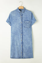 Load image into Gallery viewer, Light Blue Loose Medium Wash Short Sleeve Shirt Chambray Dress | Dresses/Midi Dresses
