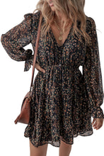 Load image into Gallery viewer, Black Floral Print V Neck Ruffled Puff Sleeve Mini Dress
