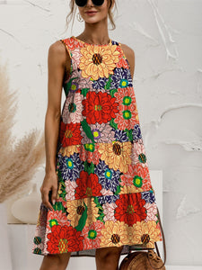 Womens Dress-Tiered Printed Round Neck Sleeveless Dress