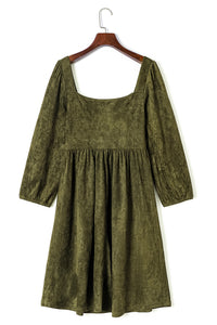 Jungle Green Suede Square Neck Puff Sleeve Dress