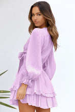 Load image into Gallery viewer, Deep V Neck Lantern Sleeve Knotted Tiered Mini Dress | Dresses/Mini Dresses
