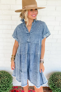 Sky Blue Acid Wash V Neck Tiered Denim Dress | Dresses/Mini Dresses