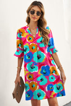 Load image into Gallery viewer, Floral Shift Dress | Rose Split V Collar Ruffle Sleeve Dress
